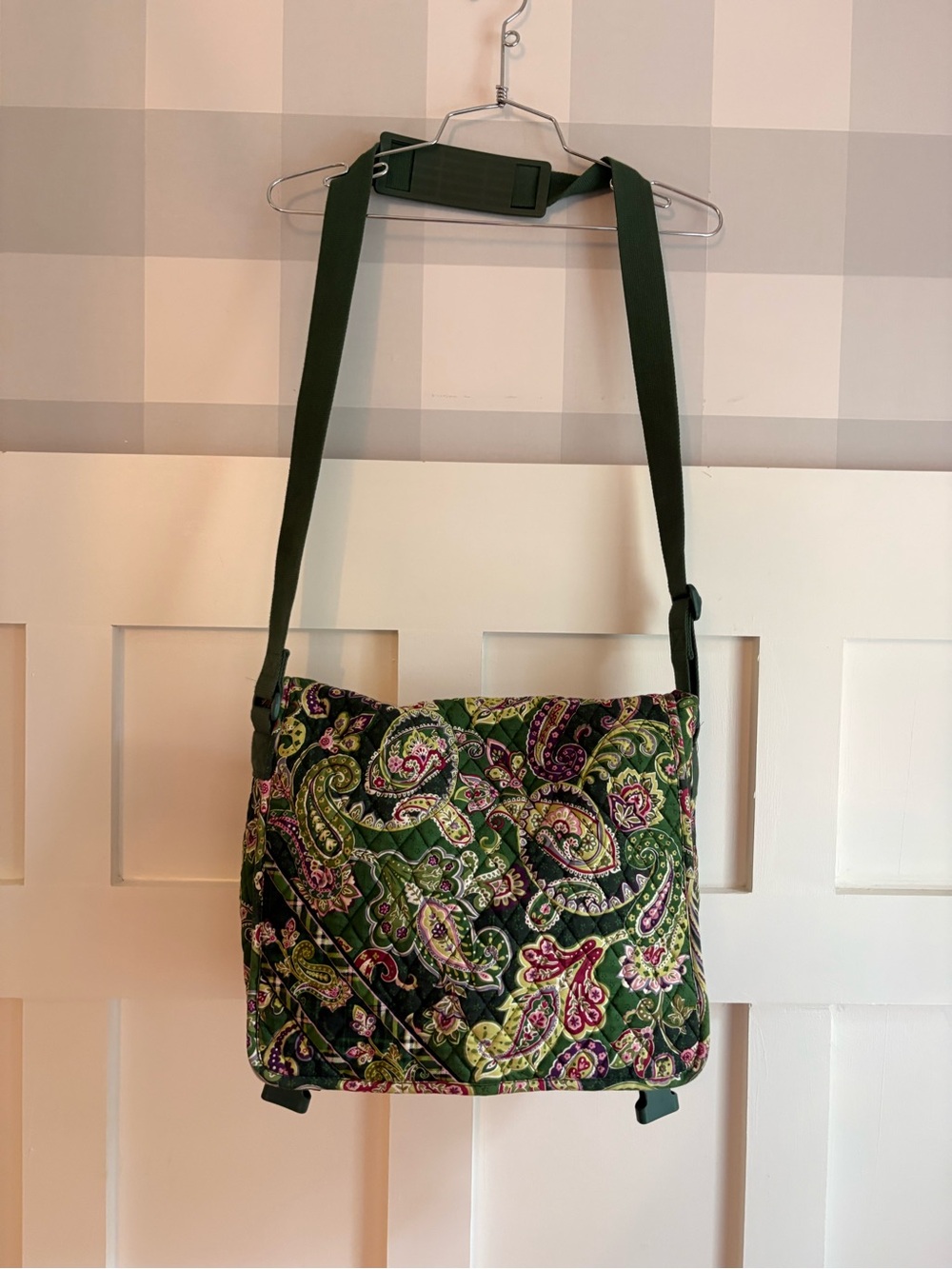 Vera Bradley Quilted Green Paisley Crossbody with Pink Accents